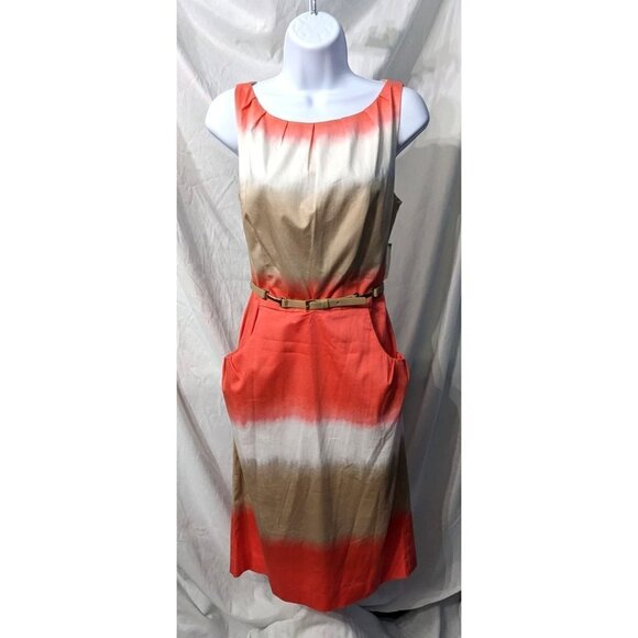Nine West Dresses & Skirts - NWT NINE WEST 98% Cotton Coral Tan Belted Sheath Dress Sz 8 Sleeveless Tie Dye